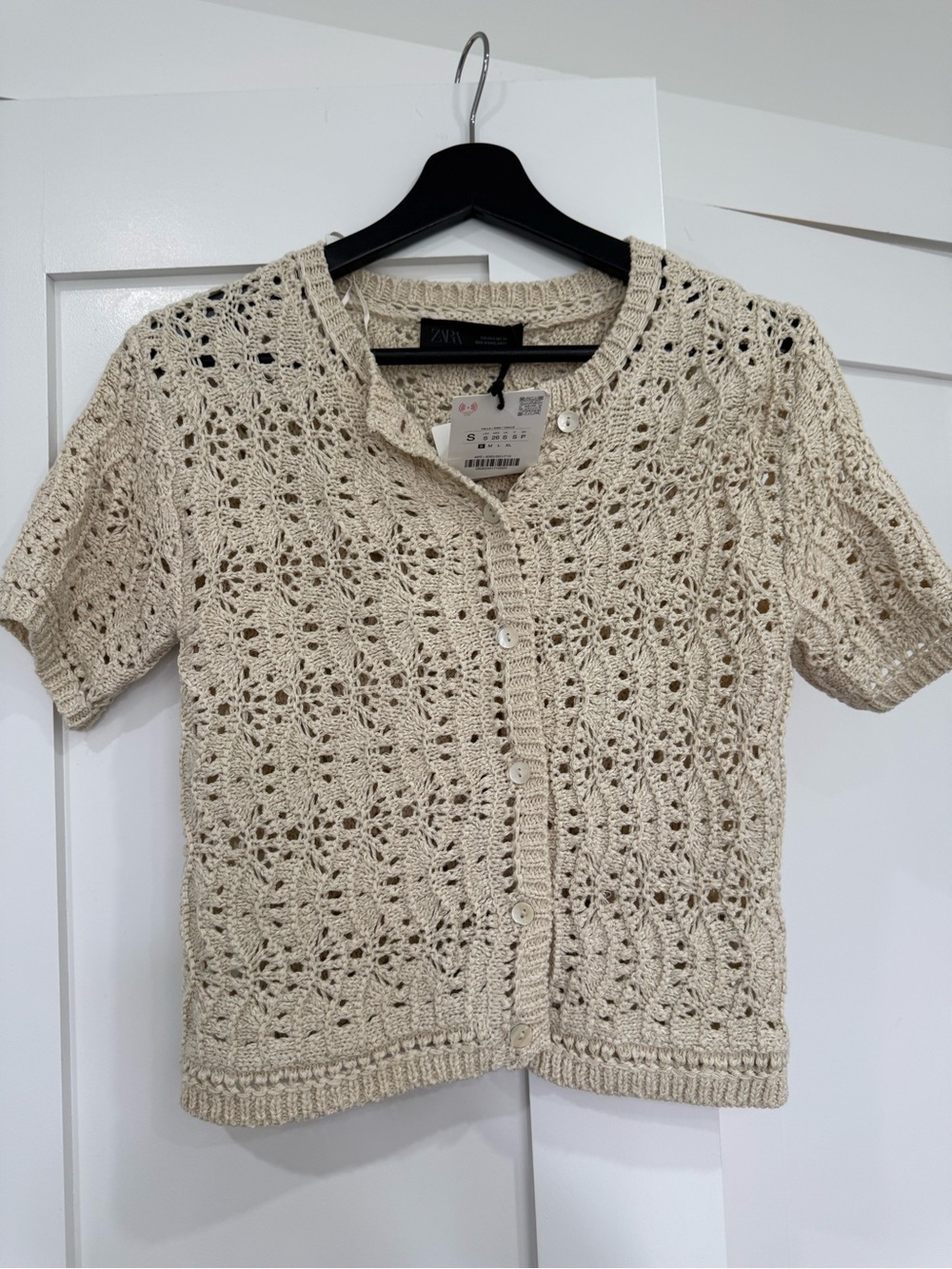 Zara Beige Crochet Short-Sleeve Button Cardigan